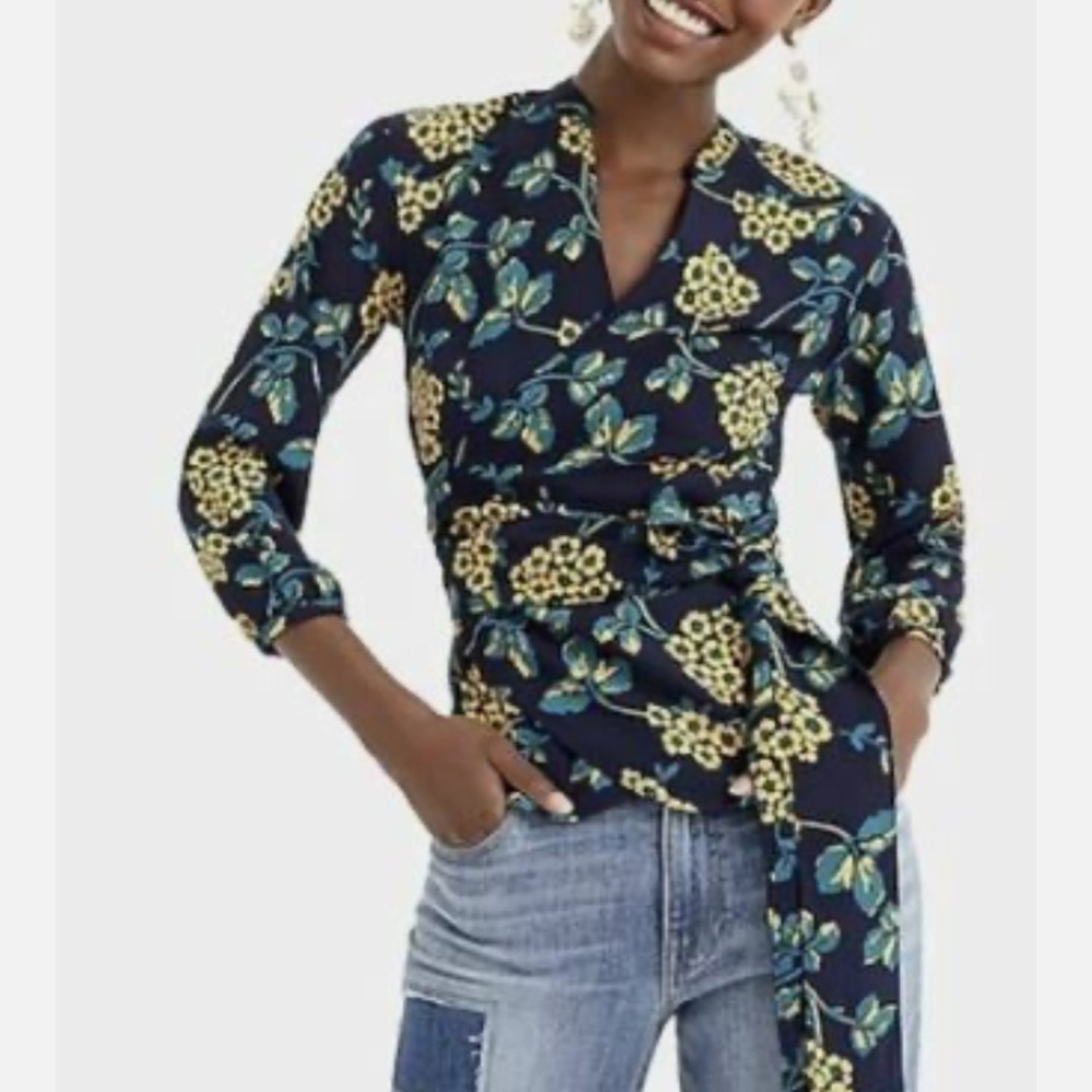 J.Crew Floral Wrap Top Blouse Size Large Tall Navy Blue Yellow Long Sleeve